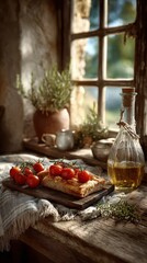 Rustic still life of grilled bread with cherry tomatoes, olive oil, and herbs near a window.
