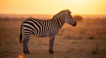 Zebra Standing in Desert at Sunset with Warm Golden Light