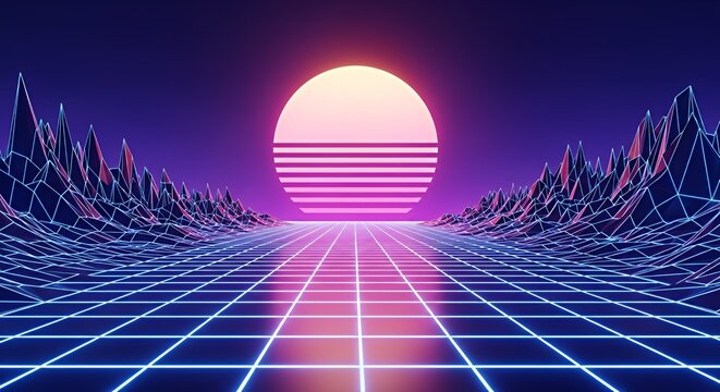 Retro Futuristic Digital Landscape with Glowing Sun and Grid Pattern in Neon Colors