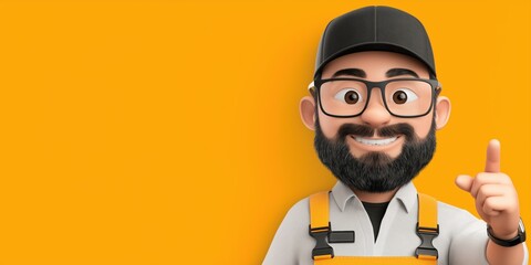 cute funny cartoon character happy male repairman in glasses on an yellow isolated background with copy space. Banner for advertising a service center and an electronics store