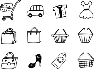 Hand-drawn Shopping Icons:  Cute, Black and White, Retail and E-commerce Graphics.