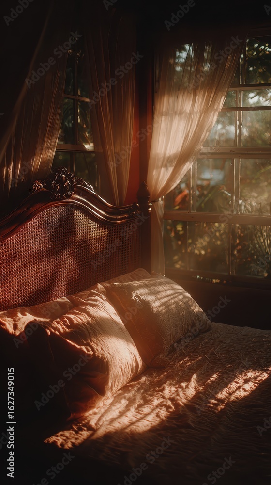 Poster warm sunlight streams through sheer curtains onto a bed with textured bedding, creating a serene and