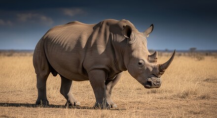 Fototapeta premium Large Gray Rhinoceros Standing in Dry Savanna Landscape Under Dark Sky