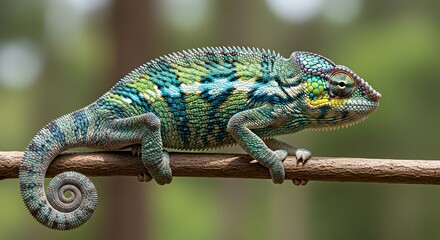Obraz premium Colorful Green Blue Chameleon Resting on Tree Branch in Natural Environment