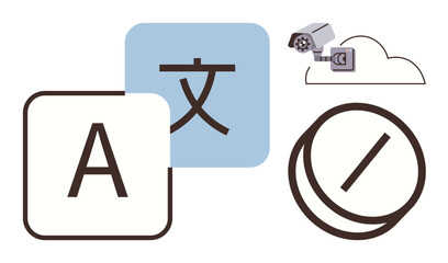 Alphabet and character blocks, cloud with a security camera, and a prohibition sign. Ideal for language, translation, cybersecurity, cloud technology, AI internet safety accessibility. Simple flat