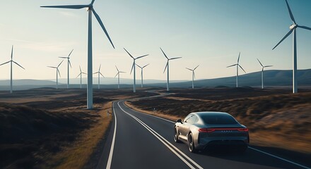 Car Driving Near Wind Turbine