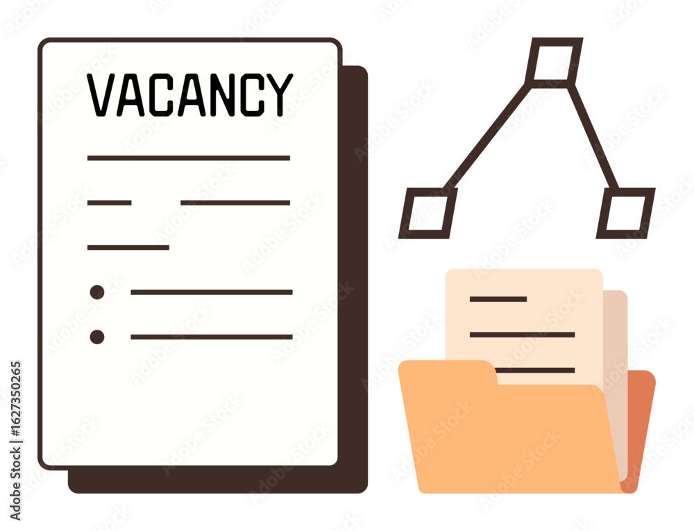 Poster job vacancy document with details alongside an open file folder containing papers and a network conn