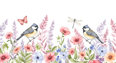 Watercolor illustration with birds, butterfly, dragonfly and floral elements
