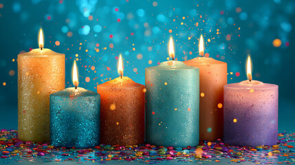 Colorful pillar candles with glowing flames and confetti