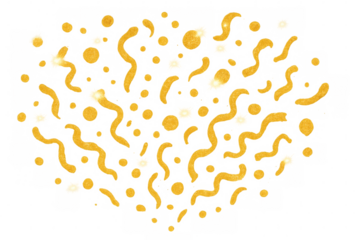 Golden confetti and streamers forming a heart shape, perfect for celebratory designs, on a transparent background