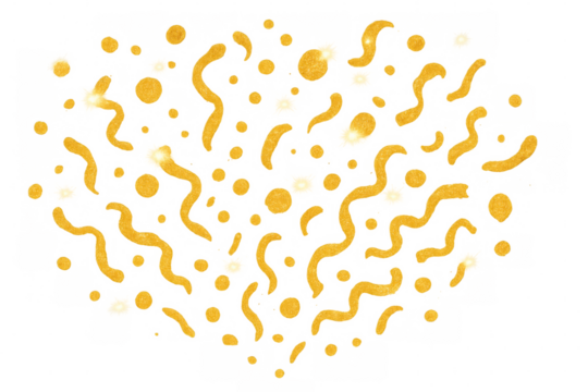 Golden confetti and streamers forming a heart shape, perfect for celebratory designs, on a transparent background