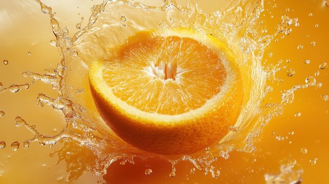Top view of an orange falling into orange juice, circular splash, and droplets captured in perfect detail, ad concept