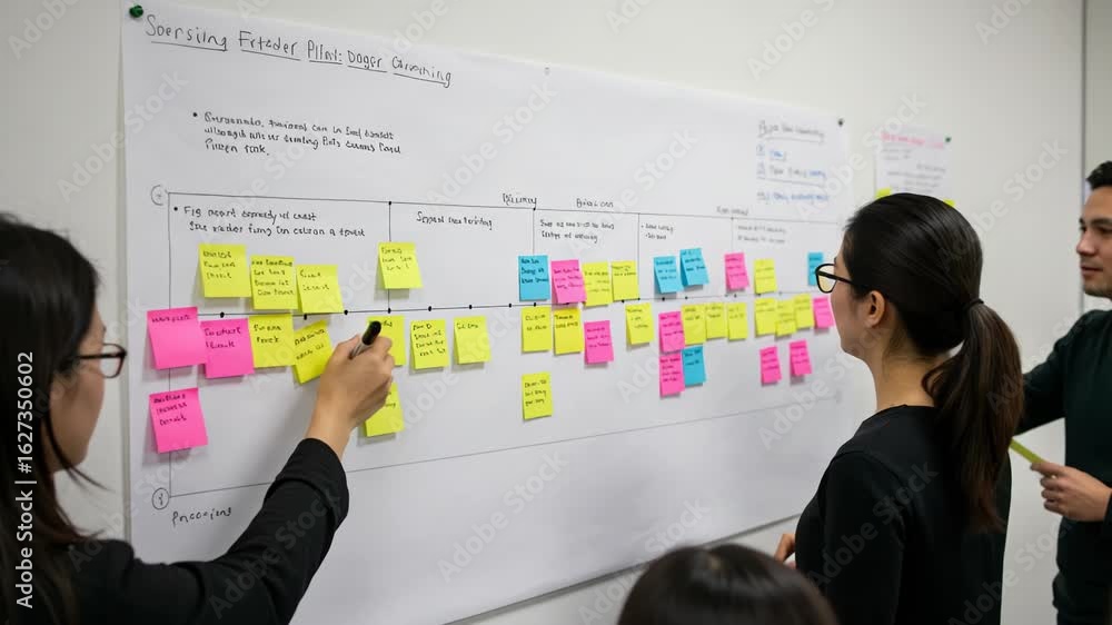 Poster Diverse team collaborating on a project, using a whiteboard with sticky notes for planning and strategy in a modern office setting