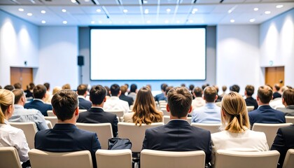 A large audience sits facing a blank projection screen in a modern conference hall