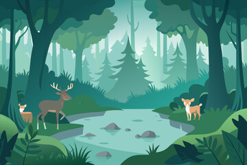 Deer family in a serene forest with a flowing river and misty mountains