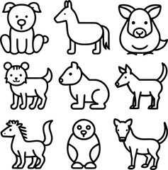 Cute Cartoon Animal Icons:  Black and White Line Art Set for Children's Book Illustrations.