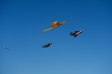 Colorful Kites Flying in Bright Blue Sky