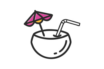 Coconut Drink Icon with Straw and Umbrella for Tropical Summer Themes