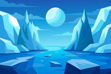 Stylized arctic landscape with icebergs and a large moon