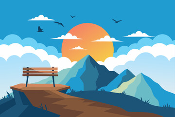 Scenic mountain view with a bench at sunrise and birds flying