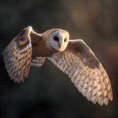With each sweep of its gentle wings, the barn owl moves through the night air, a ghostly figure of grace and mystery, embodying the silent ballet of nature's aerial dance.