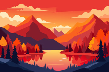 Vibrant mountain lake landscape at sunset with colorful trees