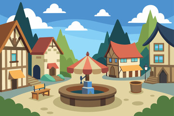 Charming cartoon village square with fountain and colorful buildings