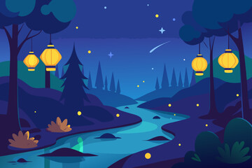 Enchanting night landscape with glowing lanterns and a winding river