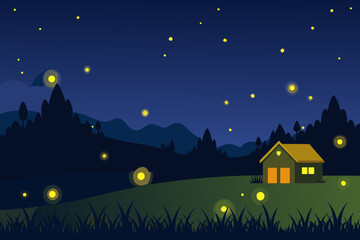 Peaceful night scene with a small house and glowing fireflies in the countryside