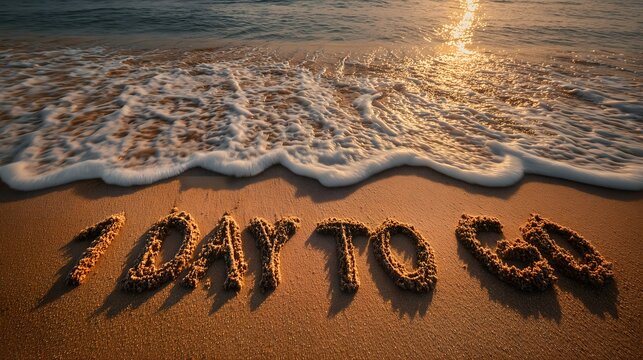 Inspirational beach message with “1 Day to Go” written in sand, waves gently approaching at sunset, symbolizing countdown, anticipation, and emotional moments before a special event.

 - Powered by Adobe
