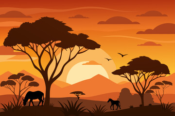 African savanna landscape with acacia trees and animals at sunset