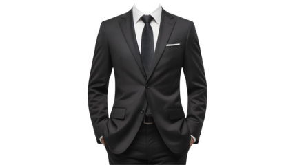 Professional man's black suit with white shirt and tie, ready for business success