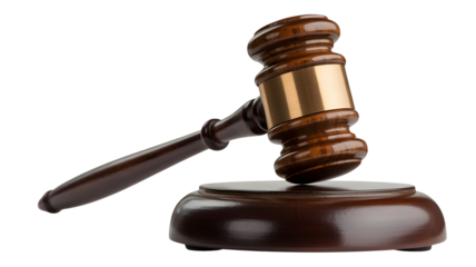 Wooden gavel on stand symbolizes justice, law, legal proceedings, and court decisions