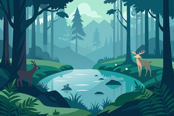 Two deer by a tranquil forest stream with misty mountains in the background