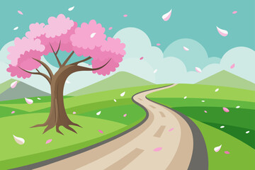 Curving road through green hills with a blooming cherry blossom tree and falling petals