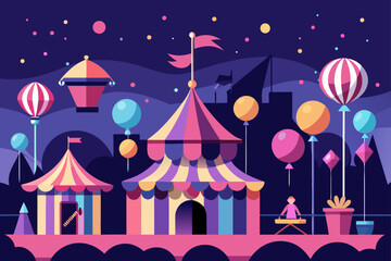 Vibrant circus tents and hot air balloons under a starry night sky