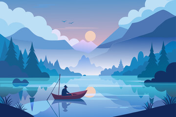 Lone fisherman in a boat on a calm lake at sunrise