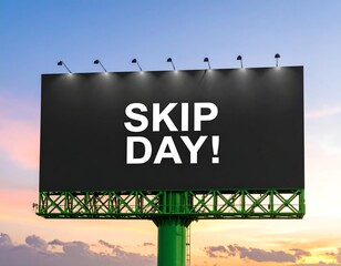 A large billboard at sunset displays "Skip Day!" in bold white lettering against a black background
