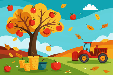 Autumn harvest scene with apple tree tractor and falling leaves