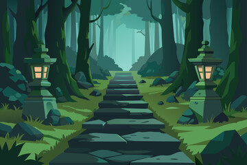 Enchanting forest path with stone steps and glowing lanterns