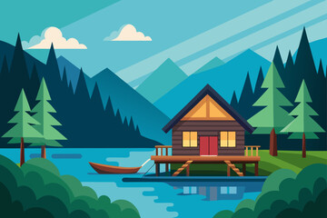 Rustic cabin on a lake with a canoe and mountain backdrop