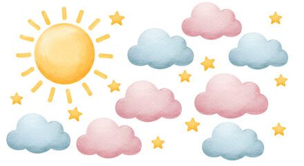 Watercolor sun, pink and blue clouds with yellow stars on white background