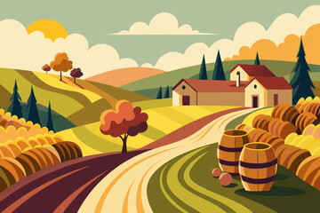 Stylized autumn farm landscape with rolling hills and barrels