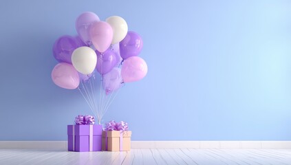 Pastel balloons and gifts on a light blue wall
