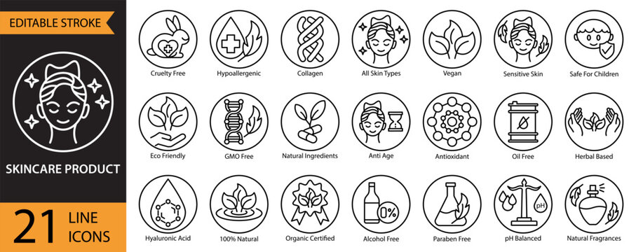 Skincare and cosmetic product icon set collection in outline style. An icon pack contain Cruelty Free, Natural Ingredients, Organic Certified, Paraben Free, Hypoallergenic, Antioxidant, Collagen