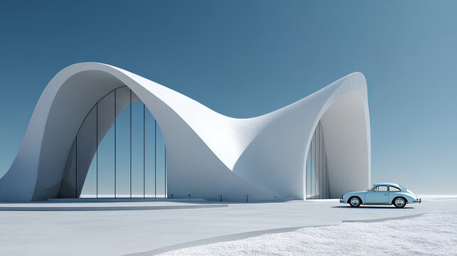 3d render of abstract modern curve architecture with empty cement floor, minimal exterior, car presentation background Stock Illustration