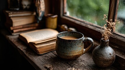 Cozy rainy day scene with a speckled mug of coffee, old books, and dried flowers on a rustic windowsill.