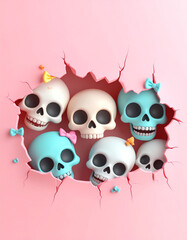 Fototapeta premium Spooky celebration cute skull gathering halloween festival digital art whimsical setting playful perspective