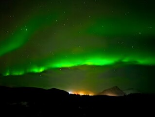 Naklejka premium Vibrant aurora borealis lights dance across a starry night sky above a forested horizon