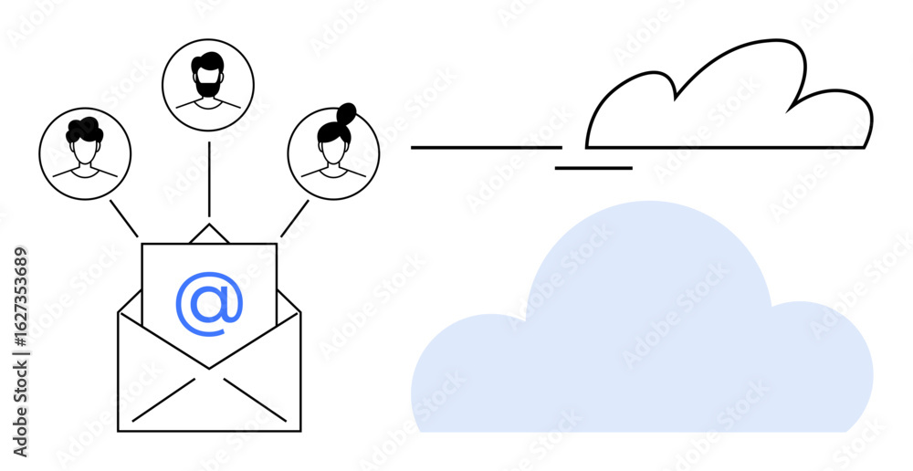 Poster open envelope with email sign linked to three user icons, connecting to cloud. ideal for teamwork, n